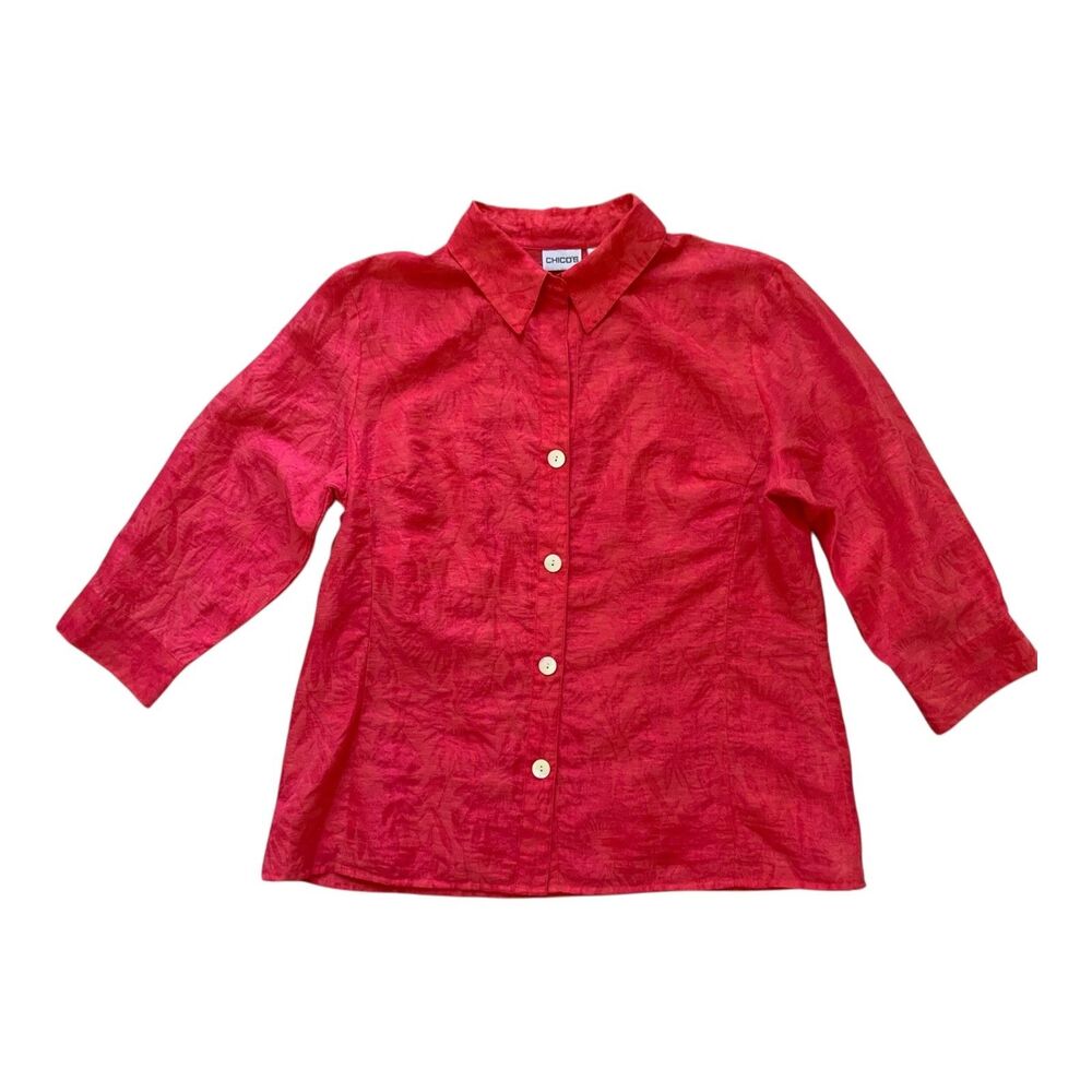 Chico's Linen Blend Shirt Size 2 Pink Button Up 3/4 Sleeves Blouse Coral Top
